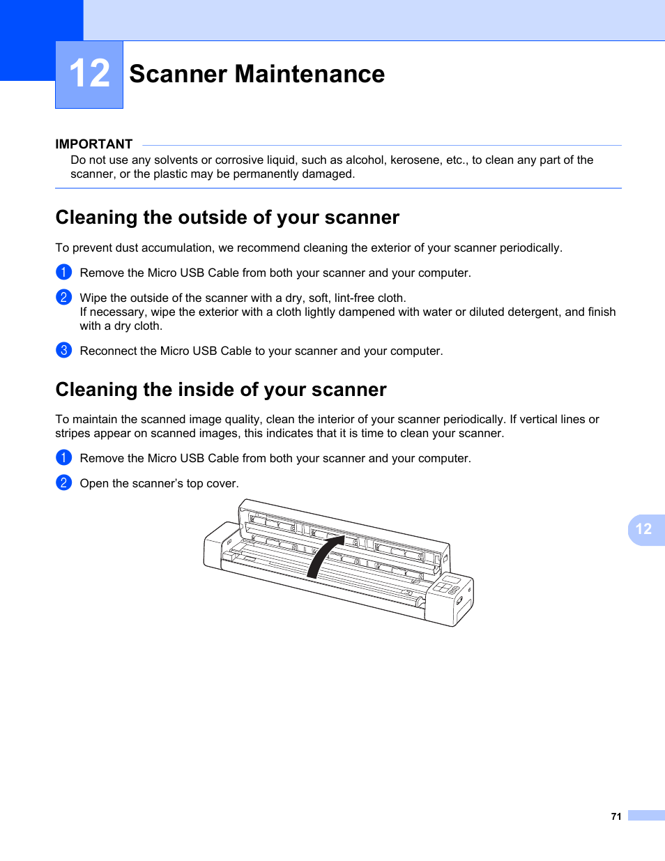 Scanner maintenance, Cleaning the outside of your scanner, Cleaning the inside of your scanner | Brother DS-820W User Manual | Page 79 / 99