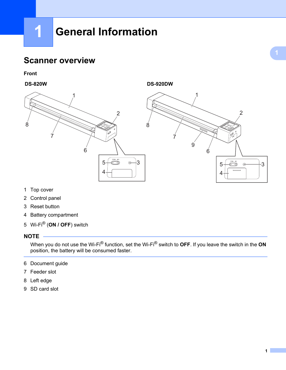 General information, Scanner overview | Brother DS-820W User Manual | Page 9 / 99