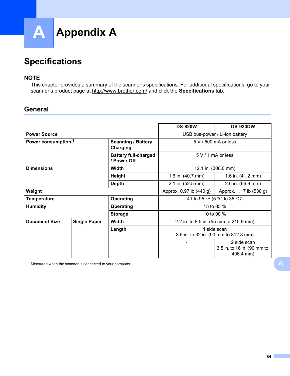 Appendix a, Specifications, General | Brother DS-820W User Manual | Page 92 / 99