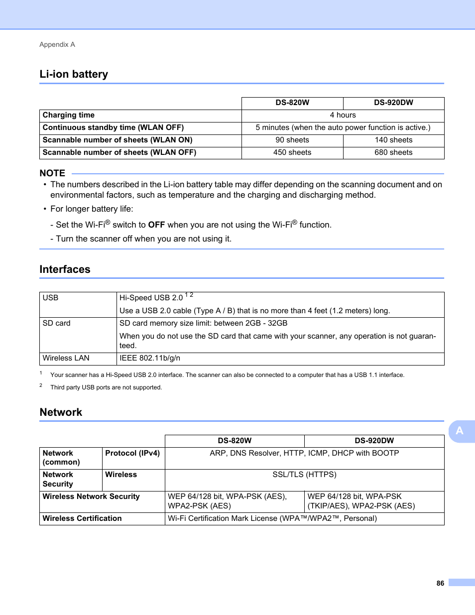 Li-ion battery, Interfaces, Network | Li-ion battery interfaces network, Ali-ion battery | Brother DS-820W User Manual | Page 94 / 99