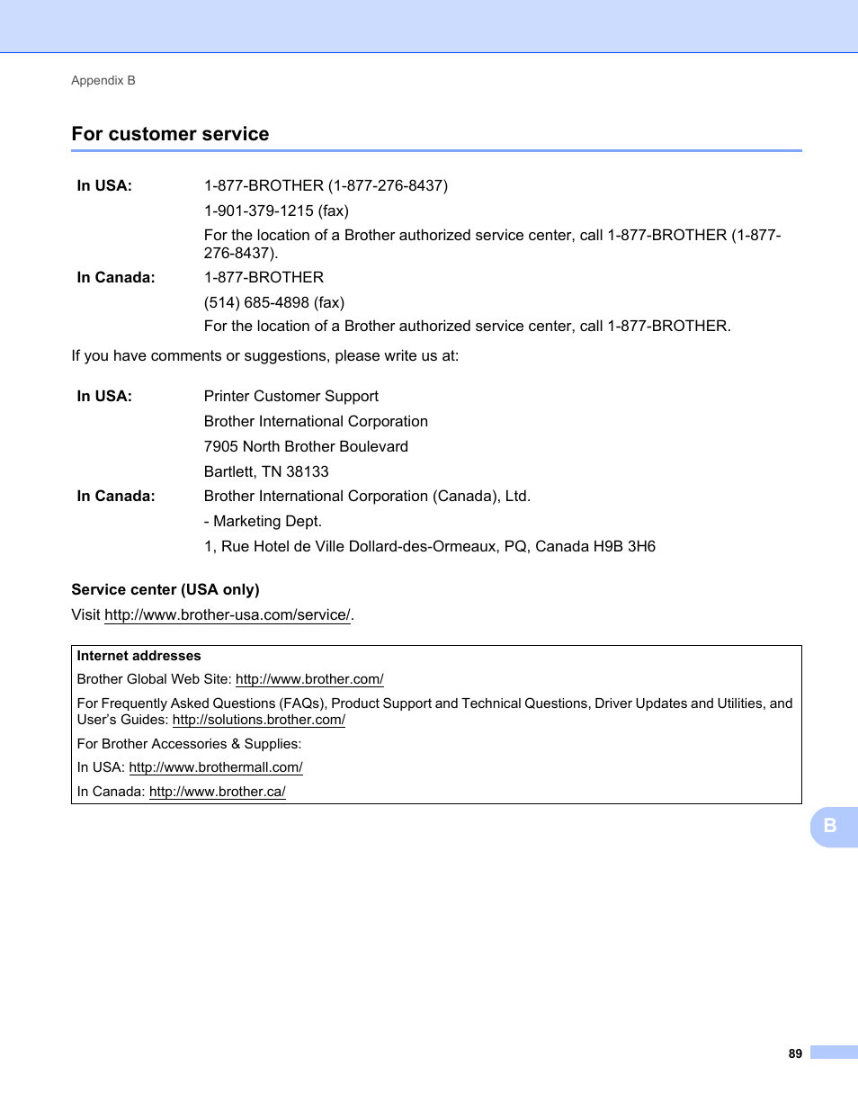 For customer service, Bfor customer service | Brother DS-820W User Manual | Page 97 / 99