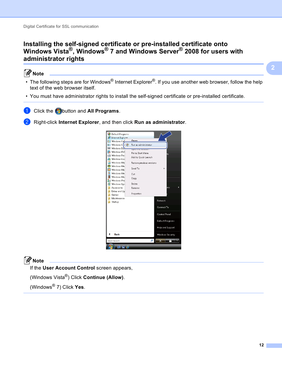 Onto windows vista, Windows, 7 and windows server | 2008 for users, With administrator rights, 2008 for users with administrator rights | Brother HL-S7000DN User Manual | Page 16 / 36