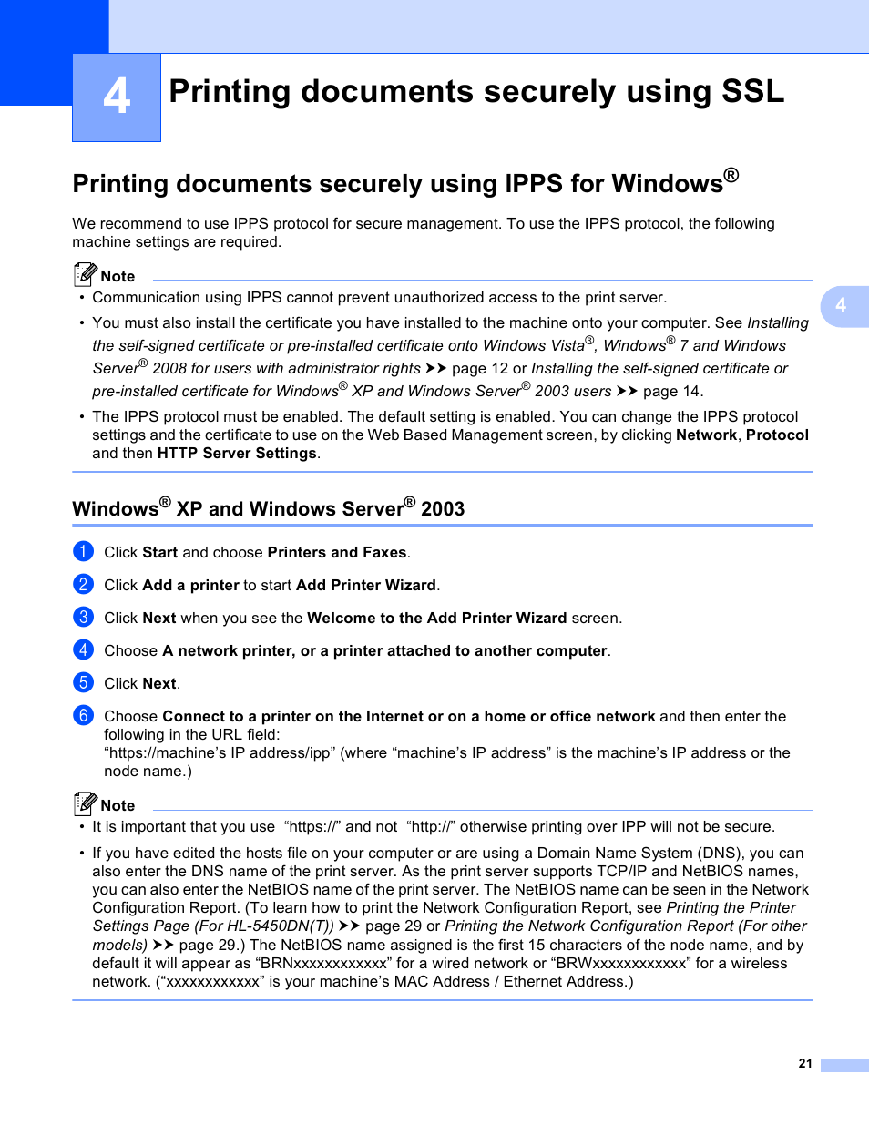 4 printing documents securely using ssl, Printing documents securely using ipps for windows, Windows® xp and windows server® 2003 | Printing documents securely using ssl, Windows, Xp and windows server | Brother HL-S7000DN User Manual | Page 25 / 36