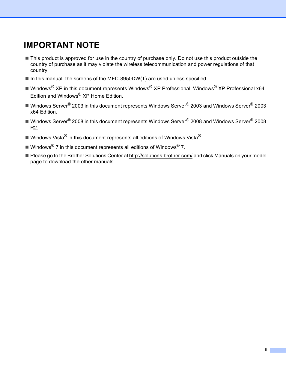 Important note | Brother HL-S7000DN User Manual | Page 3 / 36