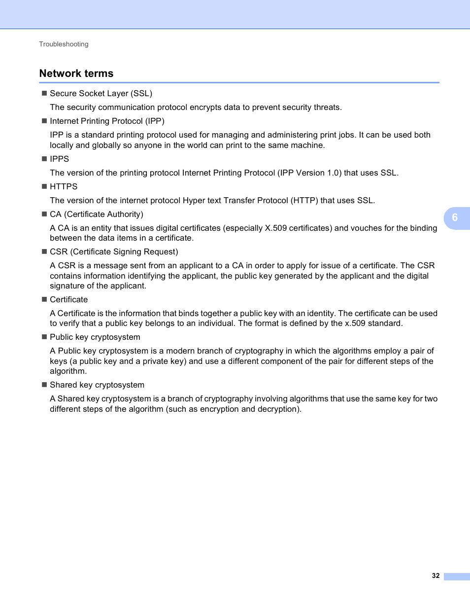 Network terms, 6network terms | Brother HL-S7000DN User Manual | Page 36 / 36