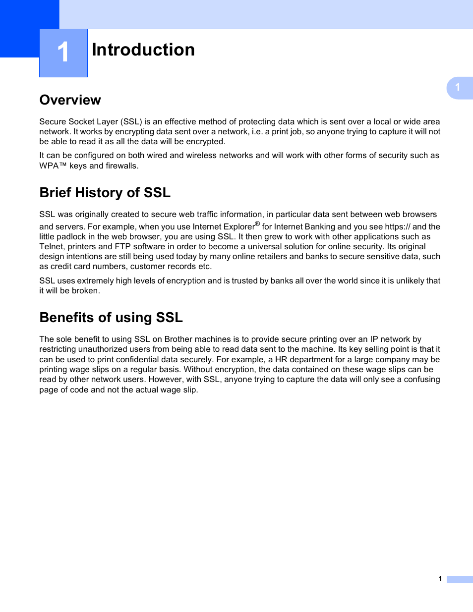 1 introduction, Overview, Brief history of ssl | Benefits of using ssl, Introduction | Brother HL-S7000DN User Manual | Page 5 / 36