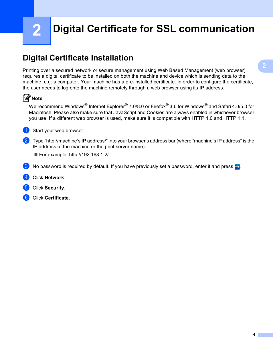 2 digital certificate for ssl communication, Digital certificate installation, Digital certificate for ssl communication | Brother HL-S7000DN User Manual | Page 8 / 36