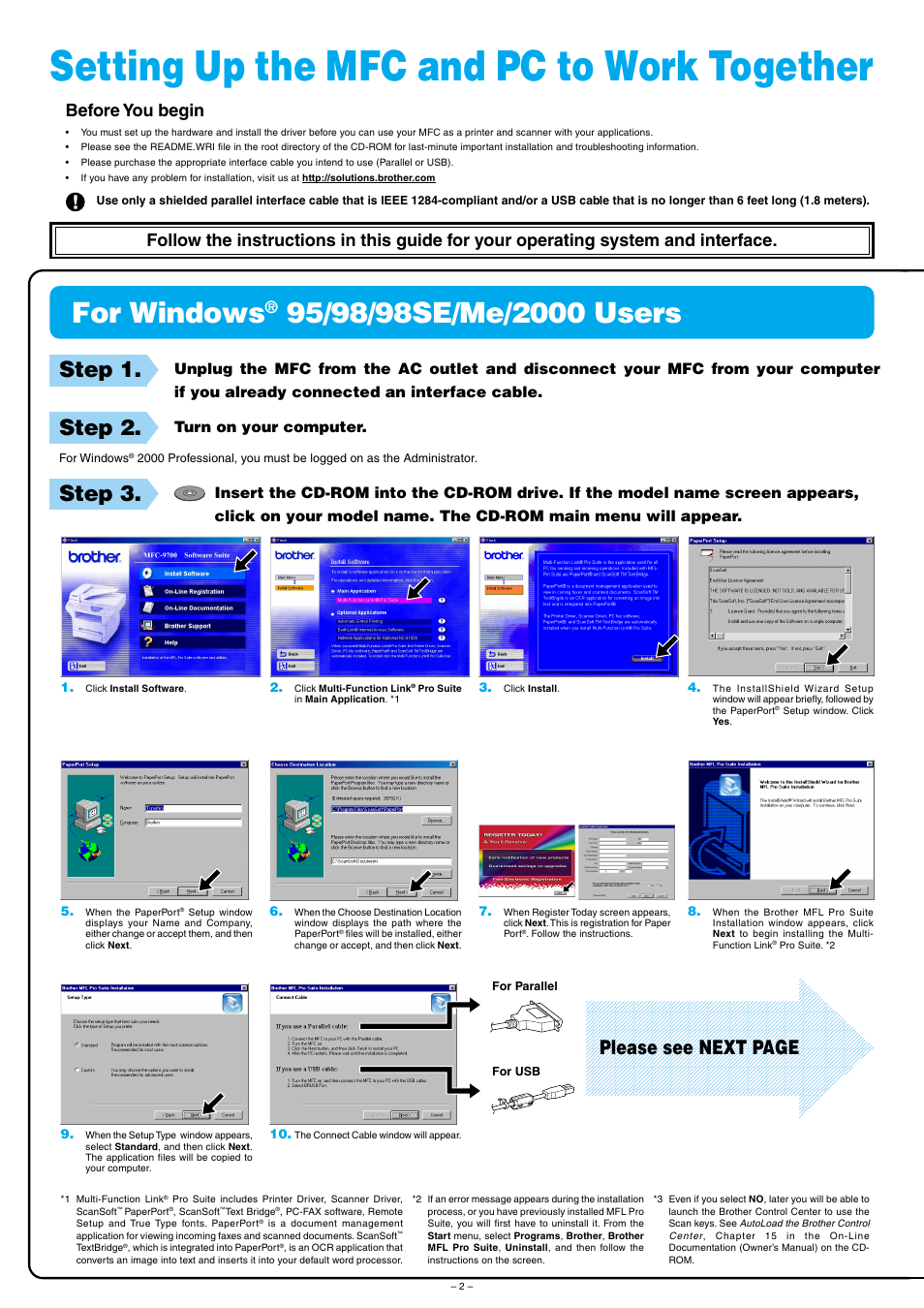 Setting up the mfc and pc to work together, For windows, Step 1 | Step 2, Step 3, Please see next page, Before you begin | Brother MFC-9800 User Manual | Page 2 / 4
