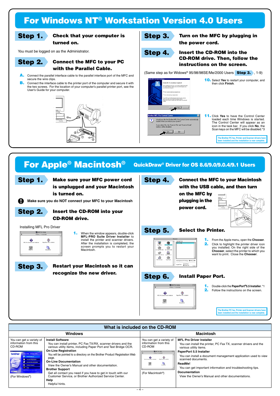 For windows nt, Workstation version 4.0 users, For apple | Macintosh, Step 1, Step 2, Step 3, Step 4, Step 5, Step 6 | Brother MFC-9800 User Manual | Page 4 / 4