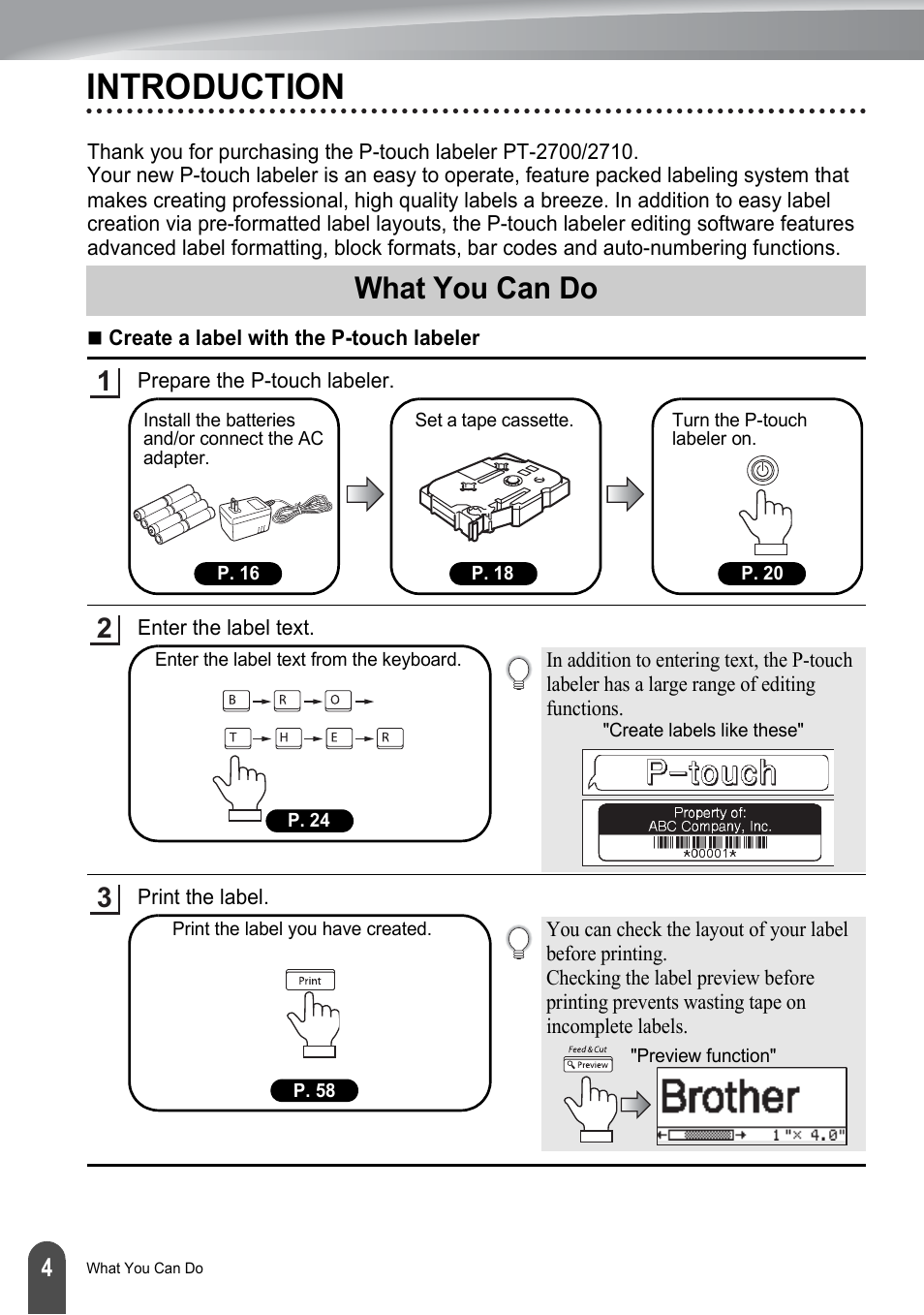 Introduction, What you can do | Brother PT-2700 User Manual | Page 10 / 180