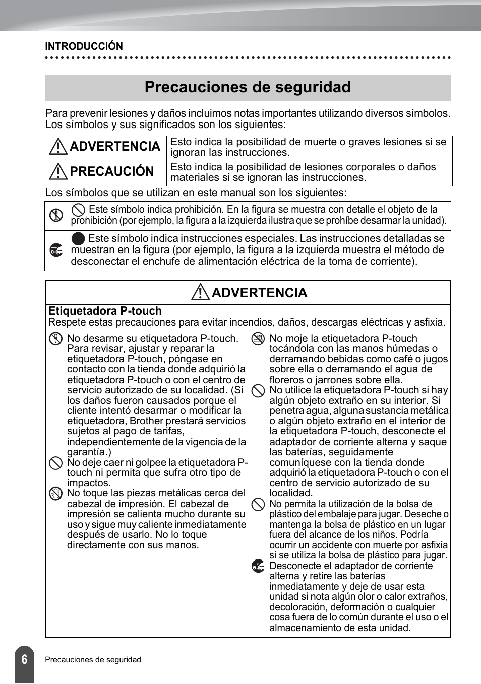 Precauciones de seguridad, Advertencia, Precaución | Brother PT-2700 User Manual | Page 102 / 180