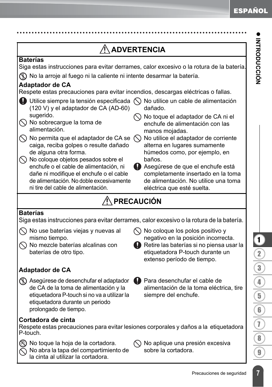 Precaución, Advertencia | Brother PT-2700 User Manual | Page 103 / 180