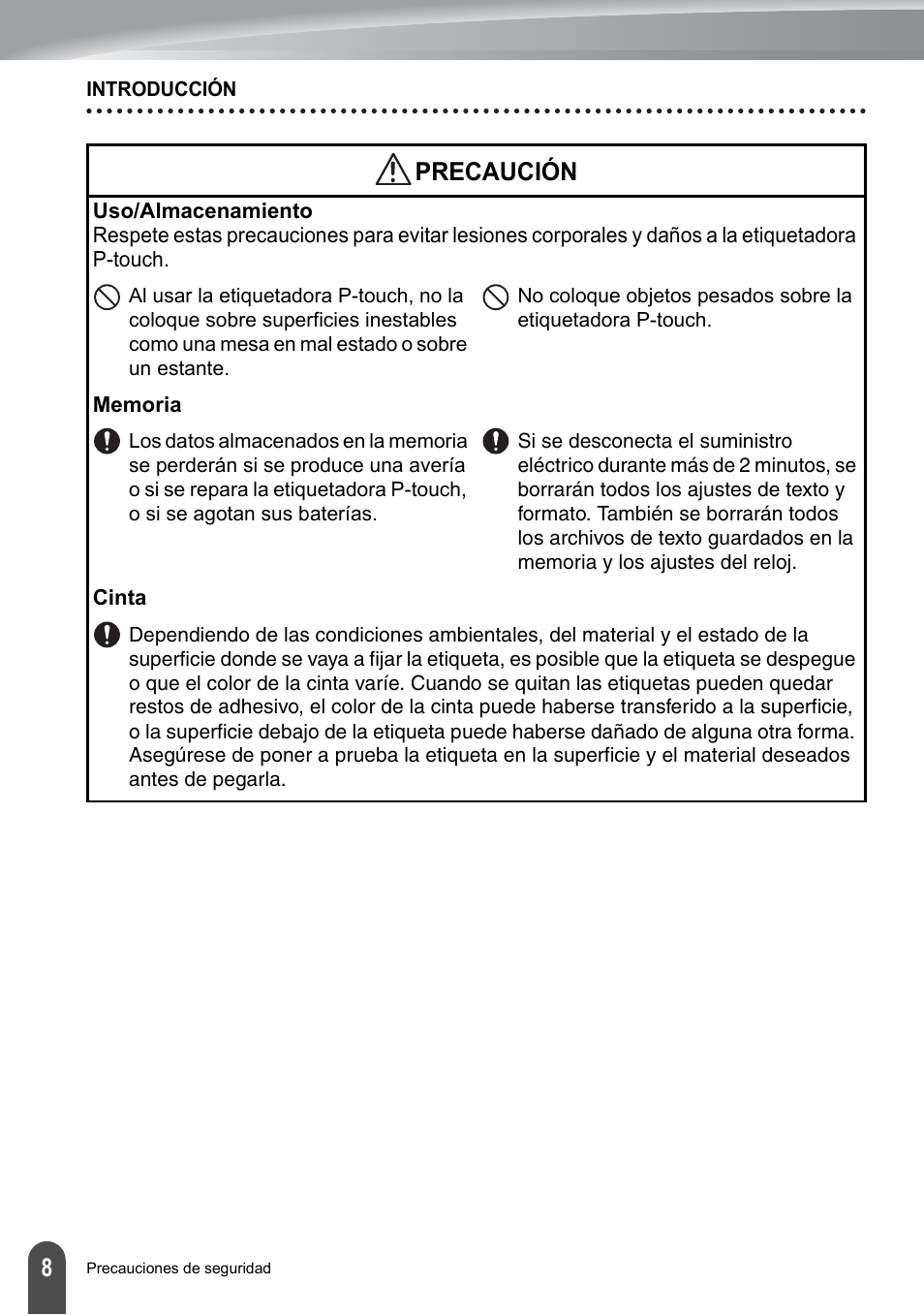 Precaución | Brother PT-2700 User Manual | Page 104 / 180