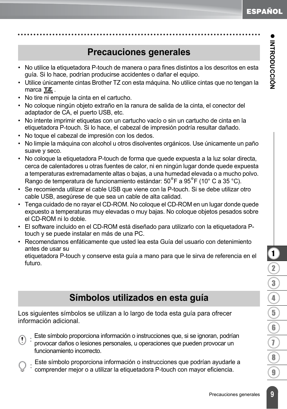 Precauciones generales, Símbolos utilizados en esta guía | Brother PT-2700 User Manual | Page 105 / 180