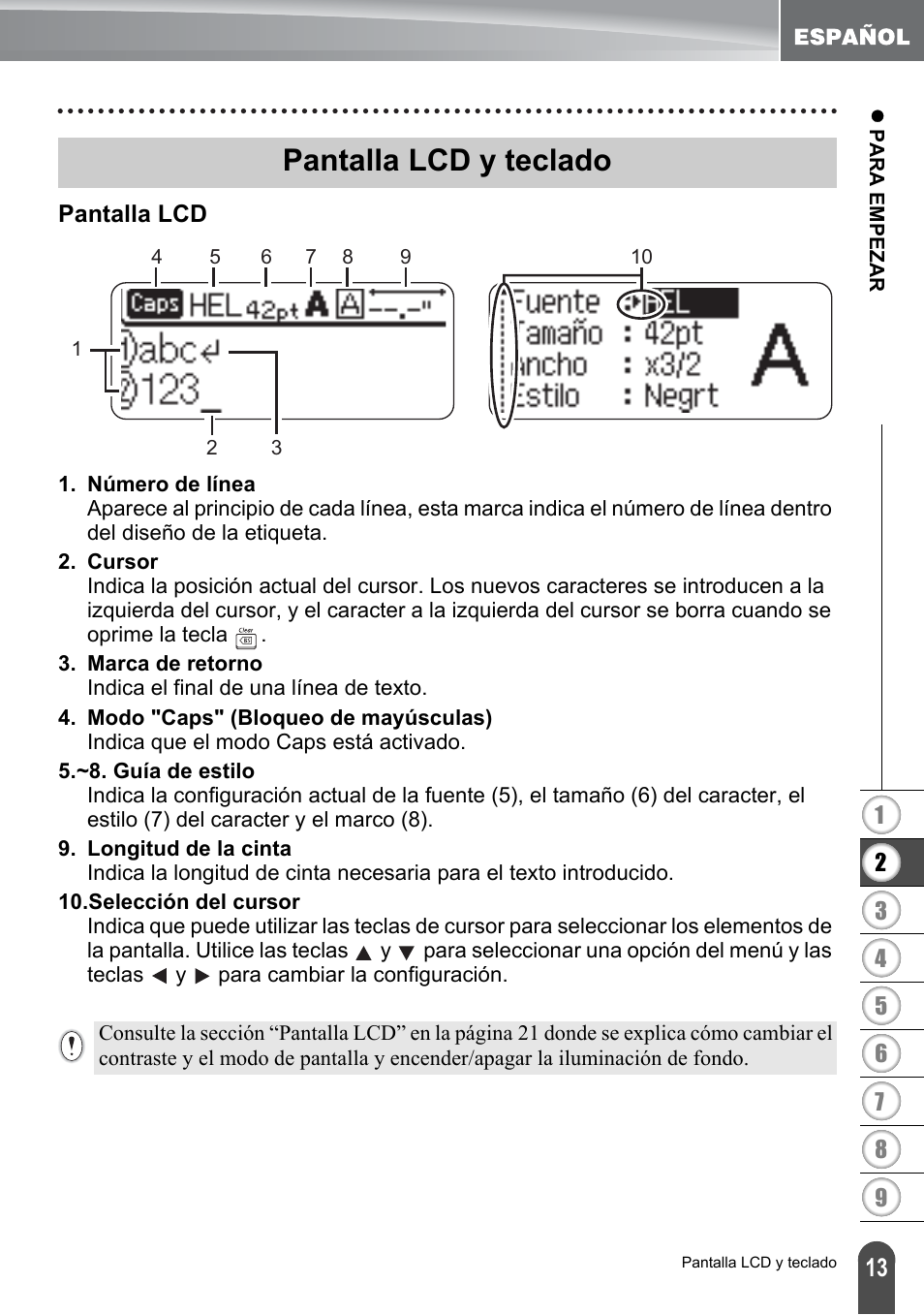 Pantalla lcd y teclado, Pantalla lcd | Brother PT-2700 User Manual | Page 109 / 180