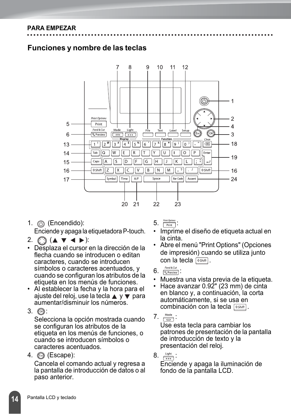 Funciones y nombre de las teclas | Brother PT-2700 User Manual | Page 110 / 180