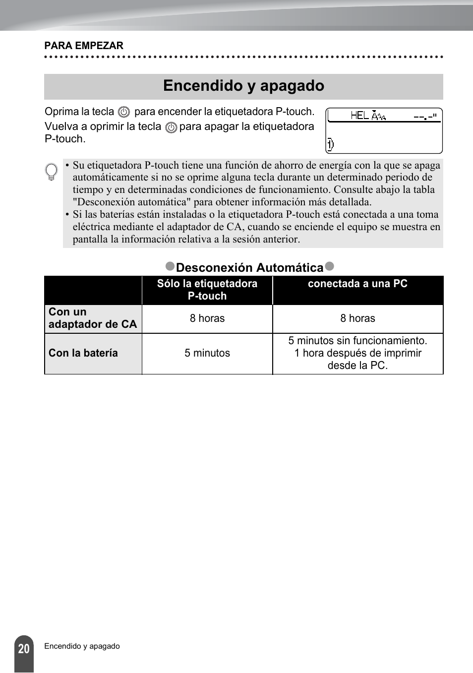 Encendido y apagado, P. 20, Zencendido y apagado | Brother PT-2700 User Manual | Page 116 / 180