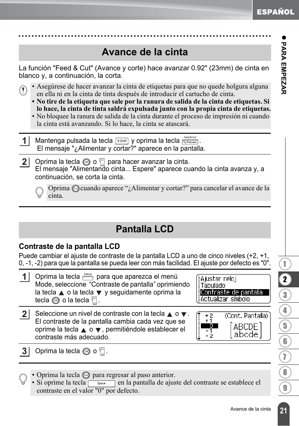 Avance de la cinta, Pantalla lcd, Contraste de la pantalla lcd | Avance de la cinta pantalla lcd | Brother PT-2700 User Manual | Page 117 / 180