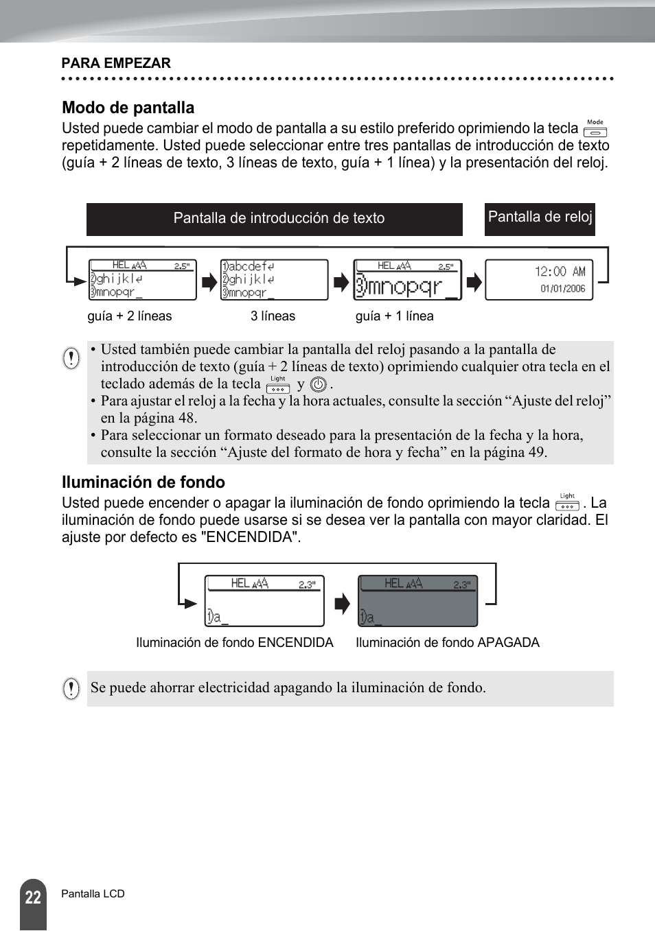 Modo de pantalla, Iluminación de fondo, Modo de pantalla iluminación de fondo | Brother PT-2700 User Manual | Page 118 / 180