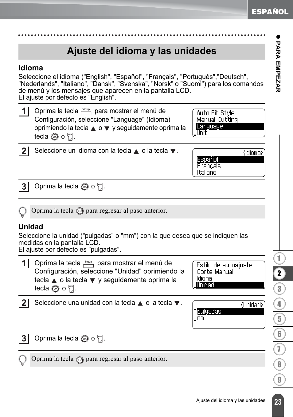 Ajuste del idioma y las unidades, Idioma, Unidad | Idioma unidad | Brother PT-2700 User Manual | Page 119 / 180