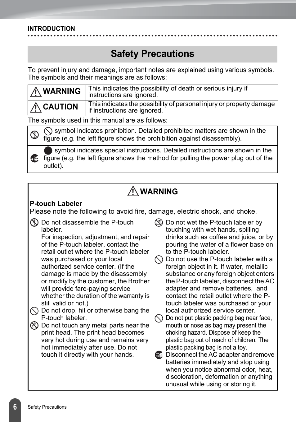 Safety precautions, Warning, Caution | Brother PT-2700 User Manual | Page 12 / 180