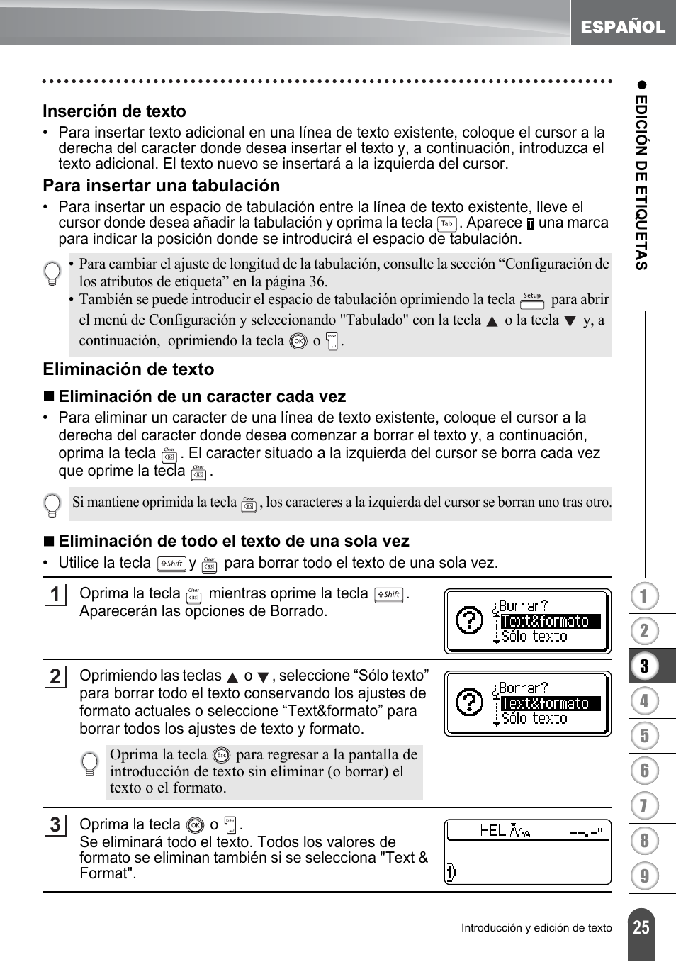 Inserción de texto, Para insertar una tabulación, Eliminación de texto | Brother PT-2700 User Manual | Page 121 / 180