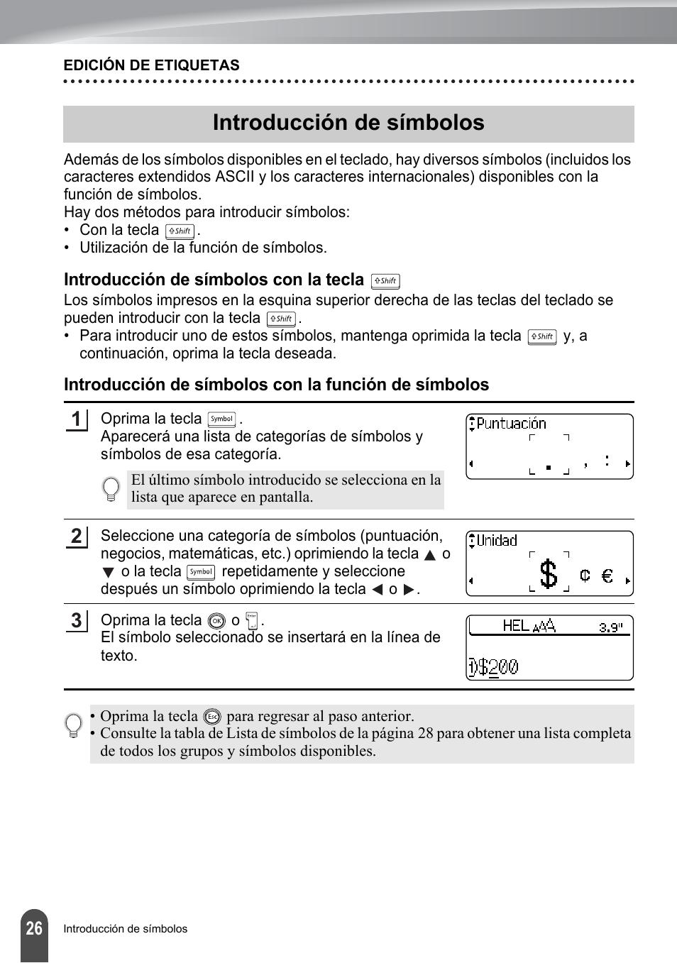 Introducción de símbolos, Introducción de símbolos con la tecla | Brother PT-2700 User Manual | Page 122 / 180