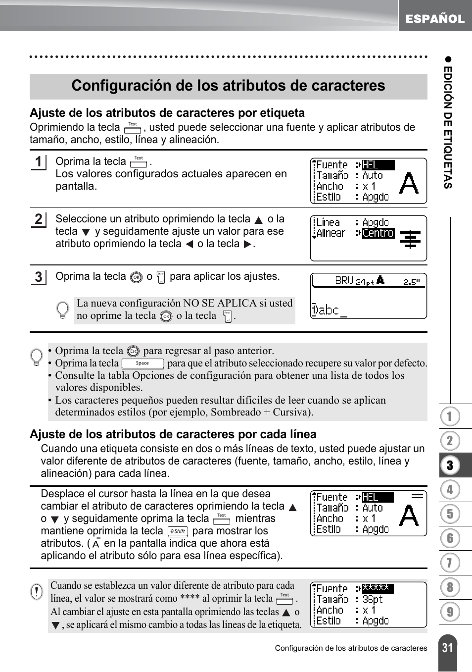 Configuración de los atributos de caracteres, Ajuste de los atributos de caracteres por etiqueta, P. 31 | Brother PT-2700 User Manual | Page 127 / 180