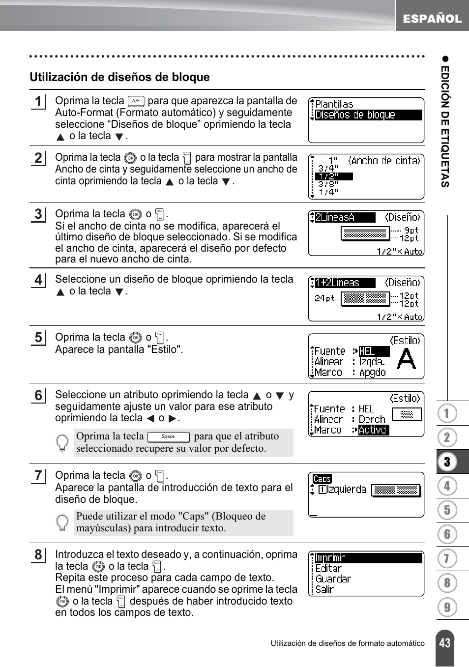 Utilización de diseños de bloque | Brother PT-2700 User Manual | Page 139 / 180