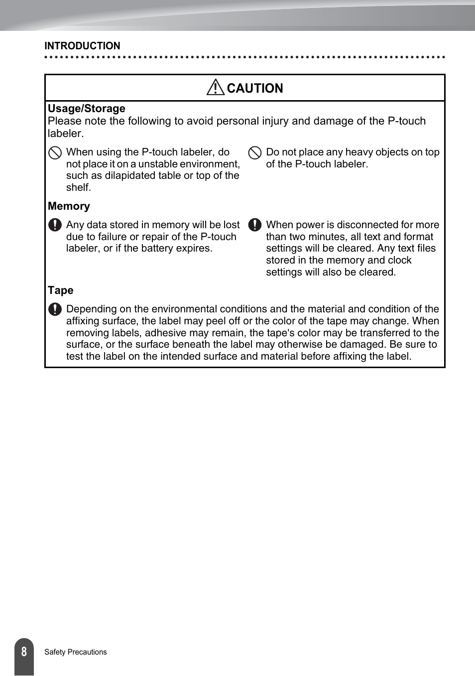 Caution | Brother PT-2700 User Manual | Page 14 / 180