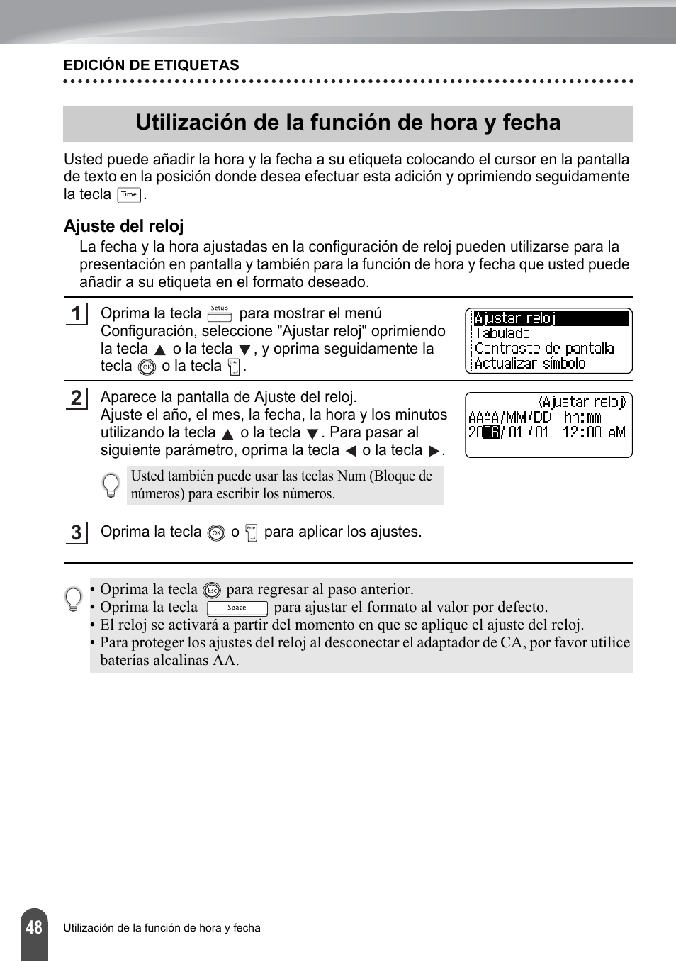 Utilización de la función de hora y fecha, Ajuste del reloj, P. 48 | Brother PT-2700 User Manual | Page 144 / 180