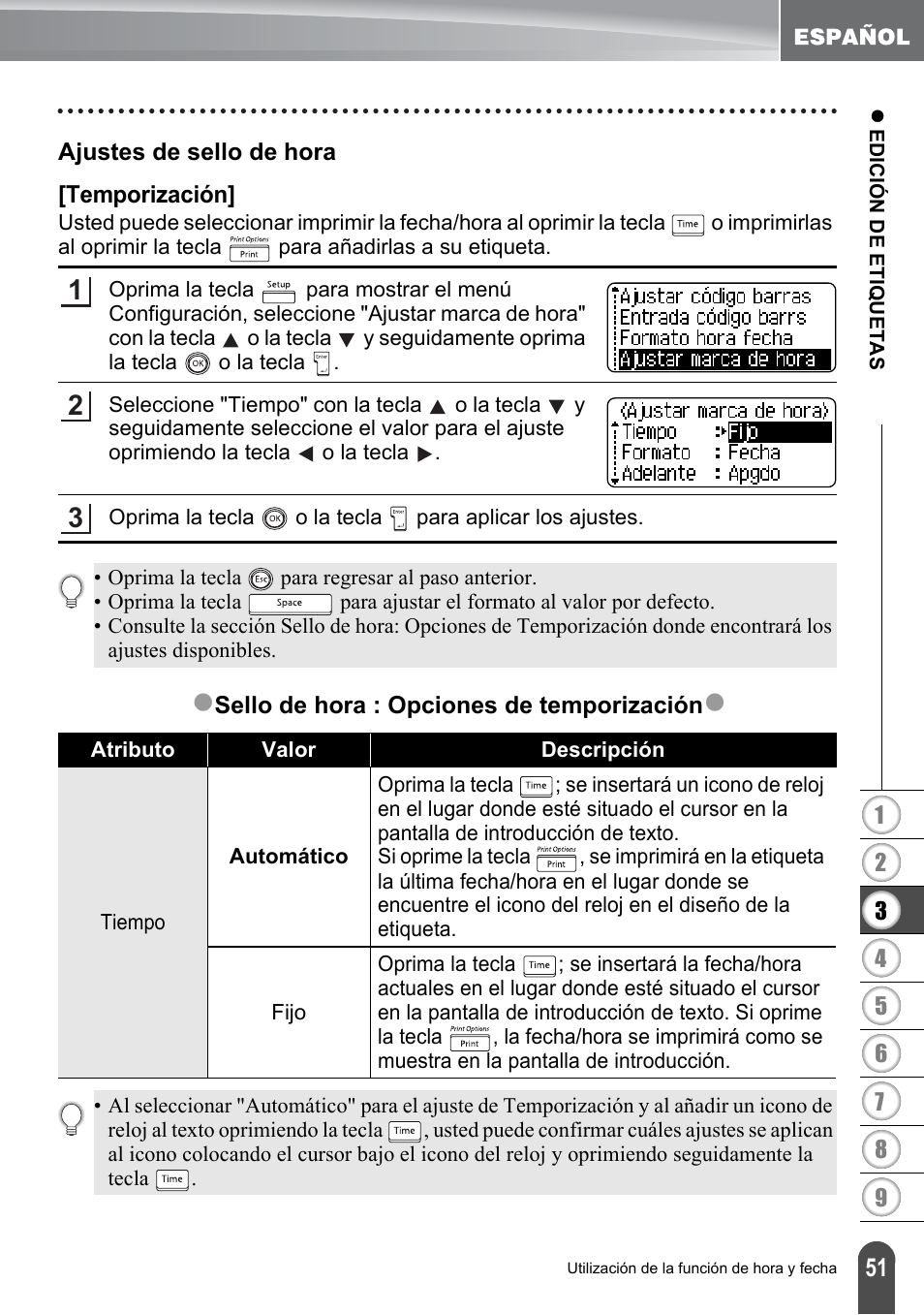 Ajustes de sello de hora, Temporización | Brother PT-2700 User Manual | Page 147 / 180