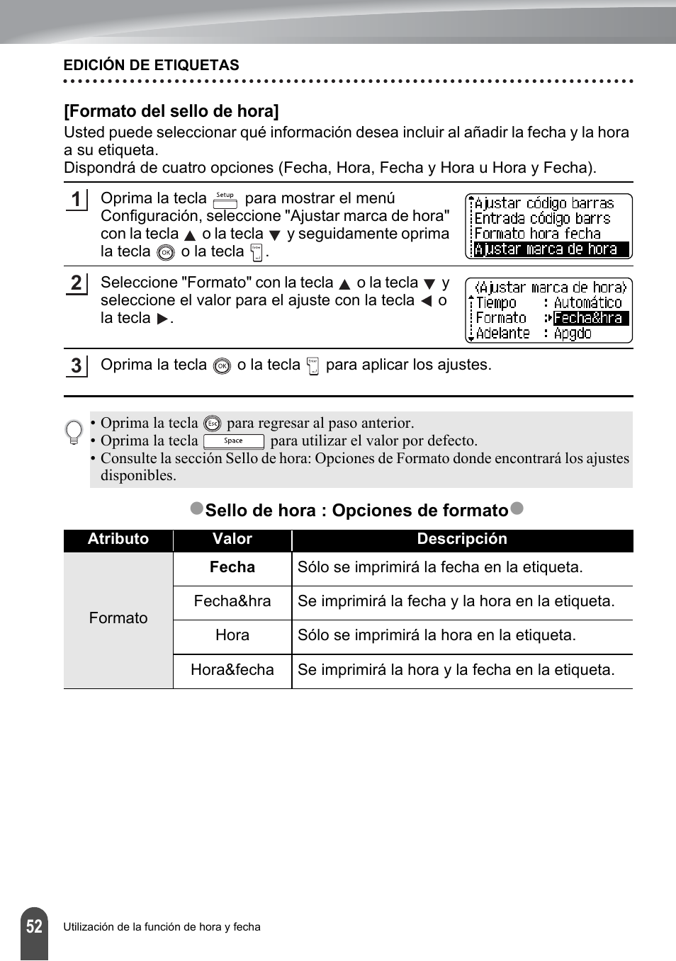 Formato del sello de hora | Brother PT-2700 User Manual | Page 148 / 180