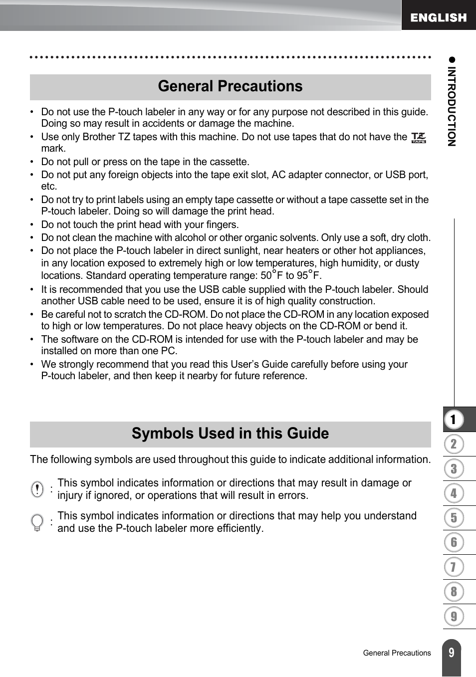 General precautions, Symbols used in this guide, General precautions symbols used in this guide | Brother PT-2700 User Manual | Page 15 / 180