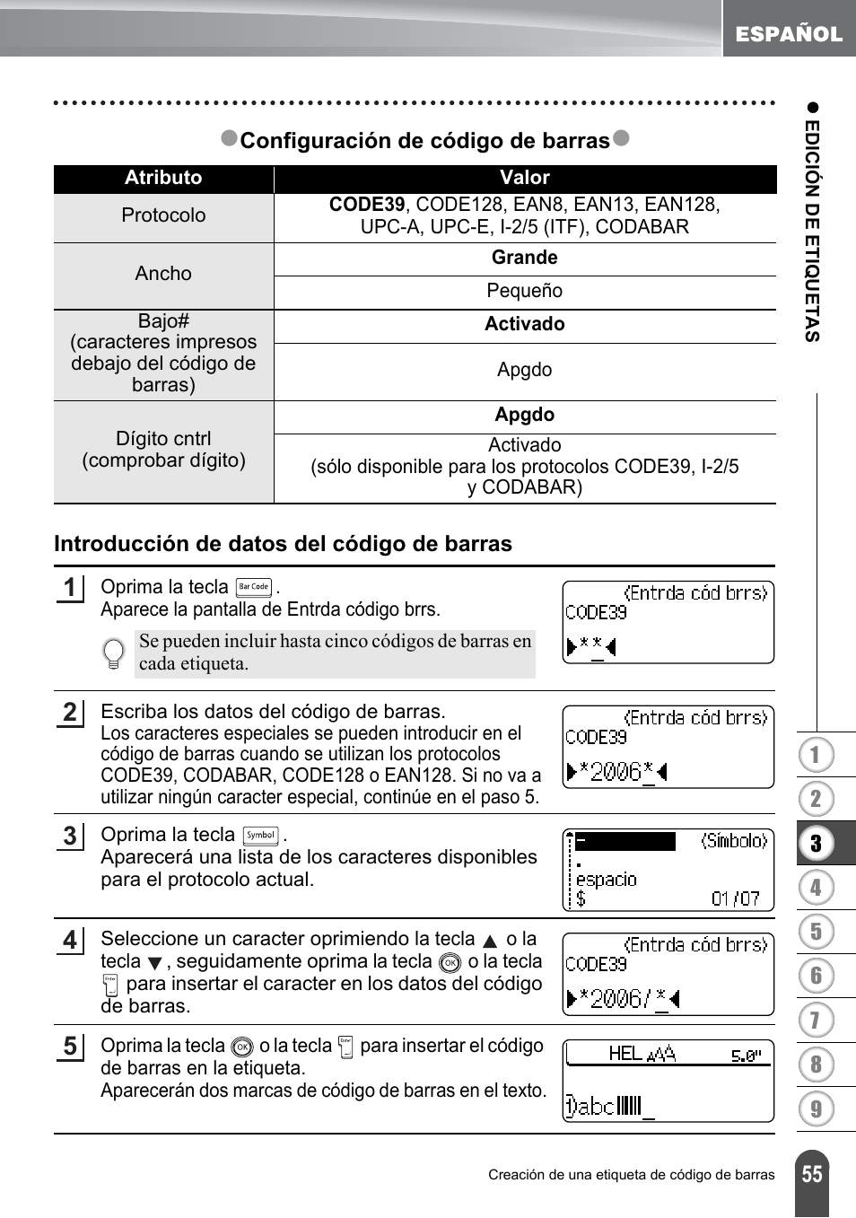 Introducción de datos del código de barras | Brother PT-2700 User Manual | Page 151 / 180