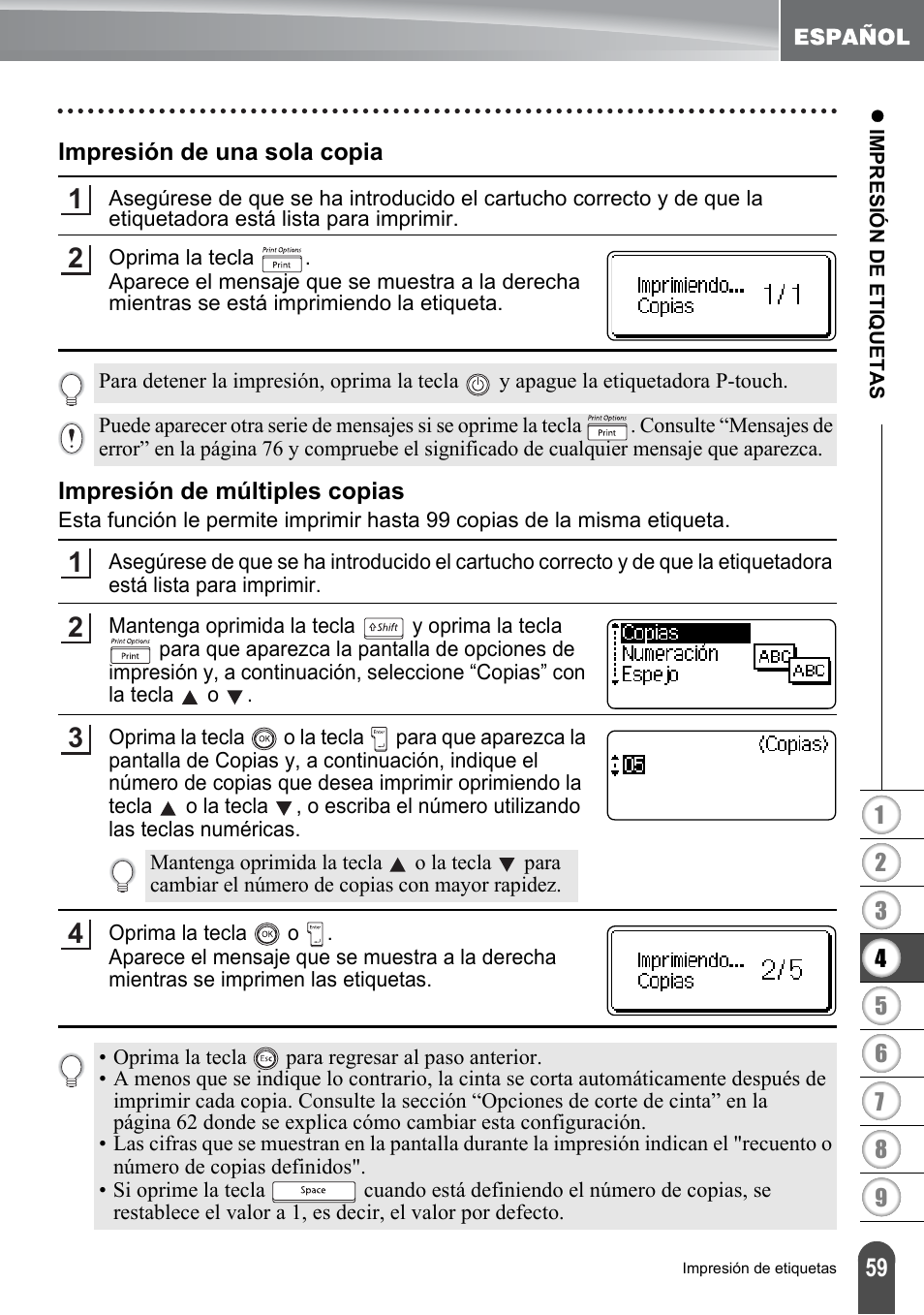 Impresión de una sola copia, Impresión de múltiples copias, P. 59 | Brother PT-2700 User Manual | Page 155 / 180