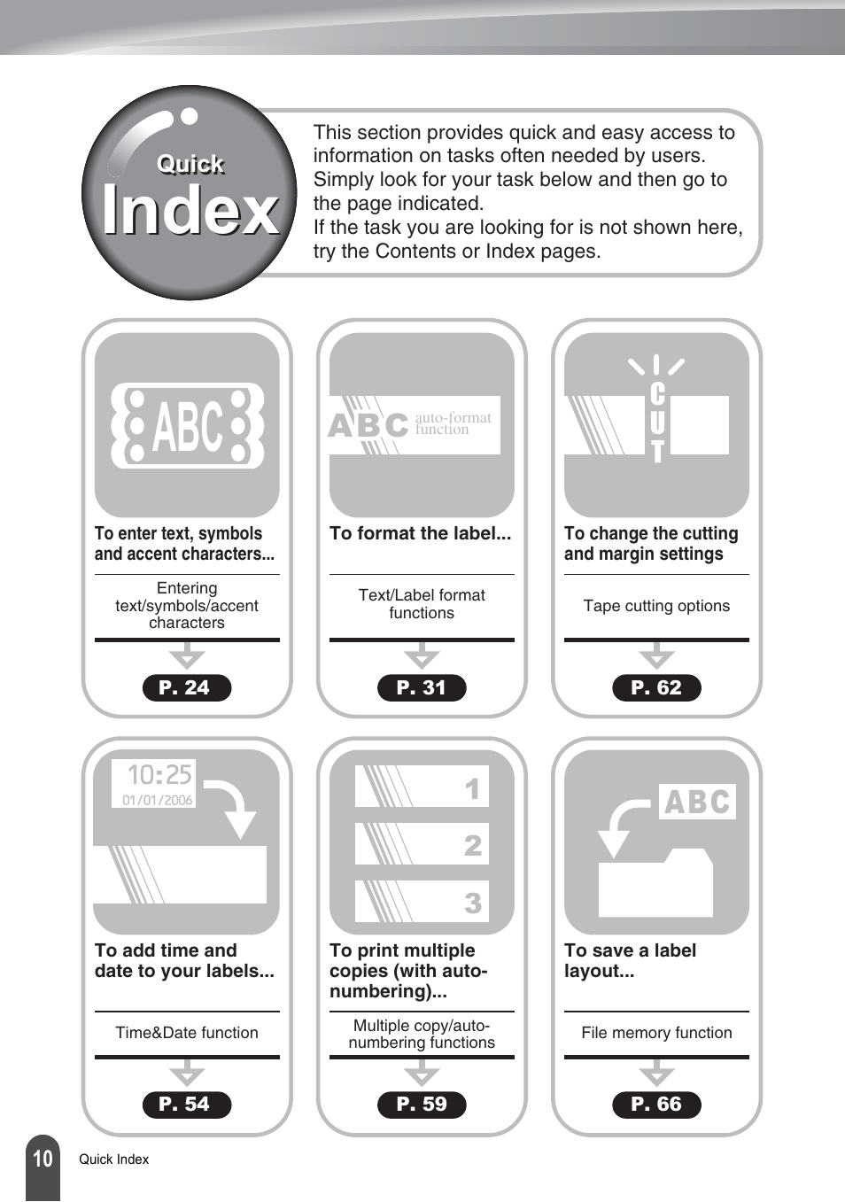 Quick index, Index | Brother PT-2700 User Manual | Page 16 / 180