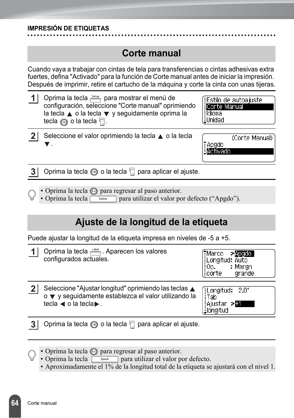 Corte manual, Ajuste de la longitud de la etiqueta, Corte manual ajuste de la longitud de la etiqueta | Y “ajuste de la longitud de la etiqueta, Y 64 | Brother PT-2700 User Manual | Page 160 / 180