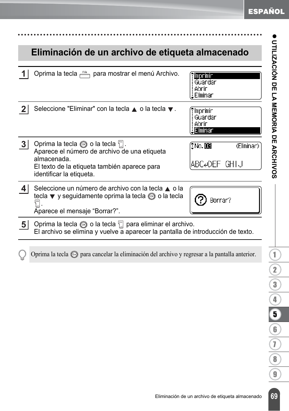 Eliminación de un archivo de etiqueta almacenado | Brother PT-2700 User Manual | Page 165 / 180