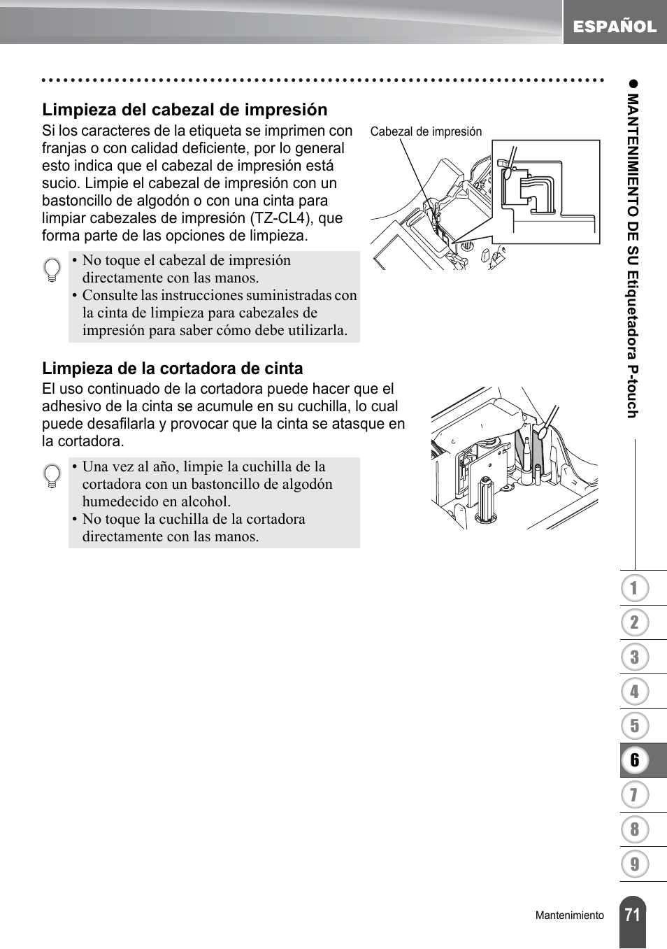 Limpieza del cabezal de impresión, Limpieza de la cortadora de cinta | Brother PT-2700 User Manual | Page 167 / 180