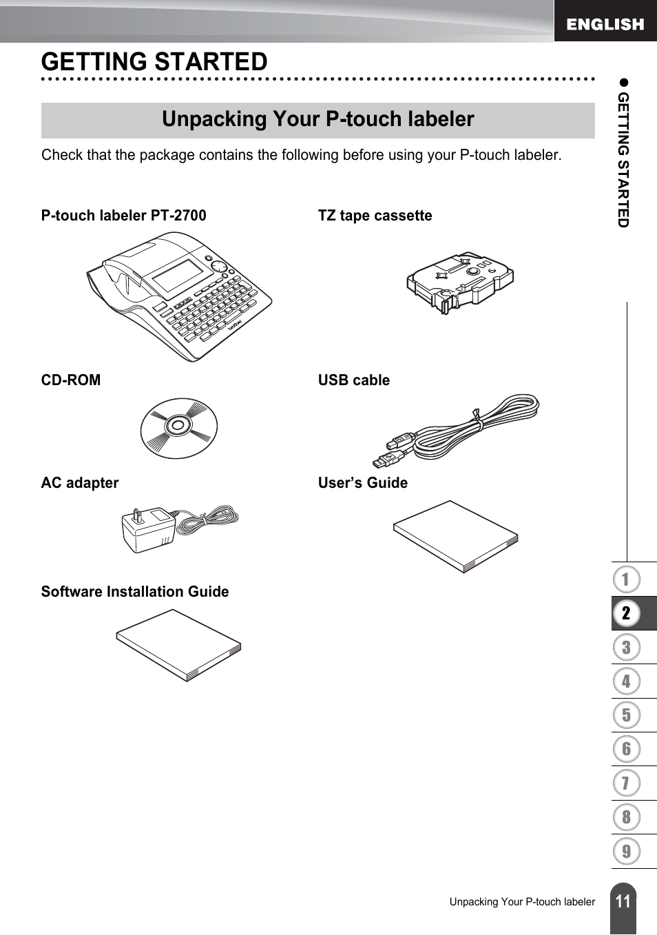 Getting started, Unpacking your p-touch labeler | Brother PT-2700 User Manual | Page 17 / 180