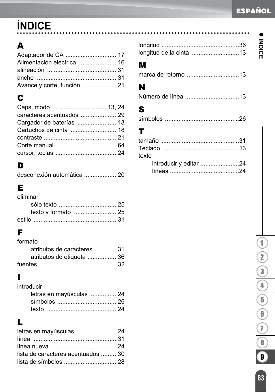 Índice | Brother PT-2700 User Manual | Page 179 / 180