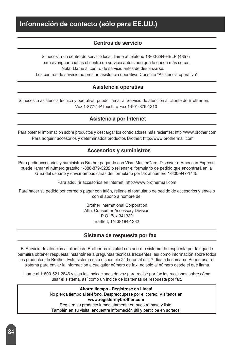 Información de contacto (sólo para ee.uu.) | Brother PT-2700 User Manual | Page 180 / 180