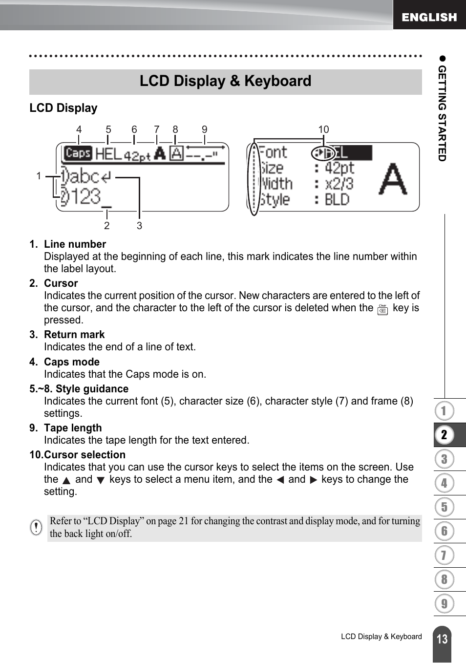 Lcd display & keyboard, Lcd display | Brother PT-2700 User Manual | Page 19 / 180