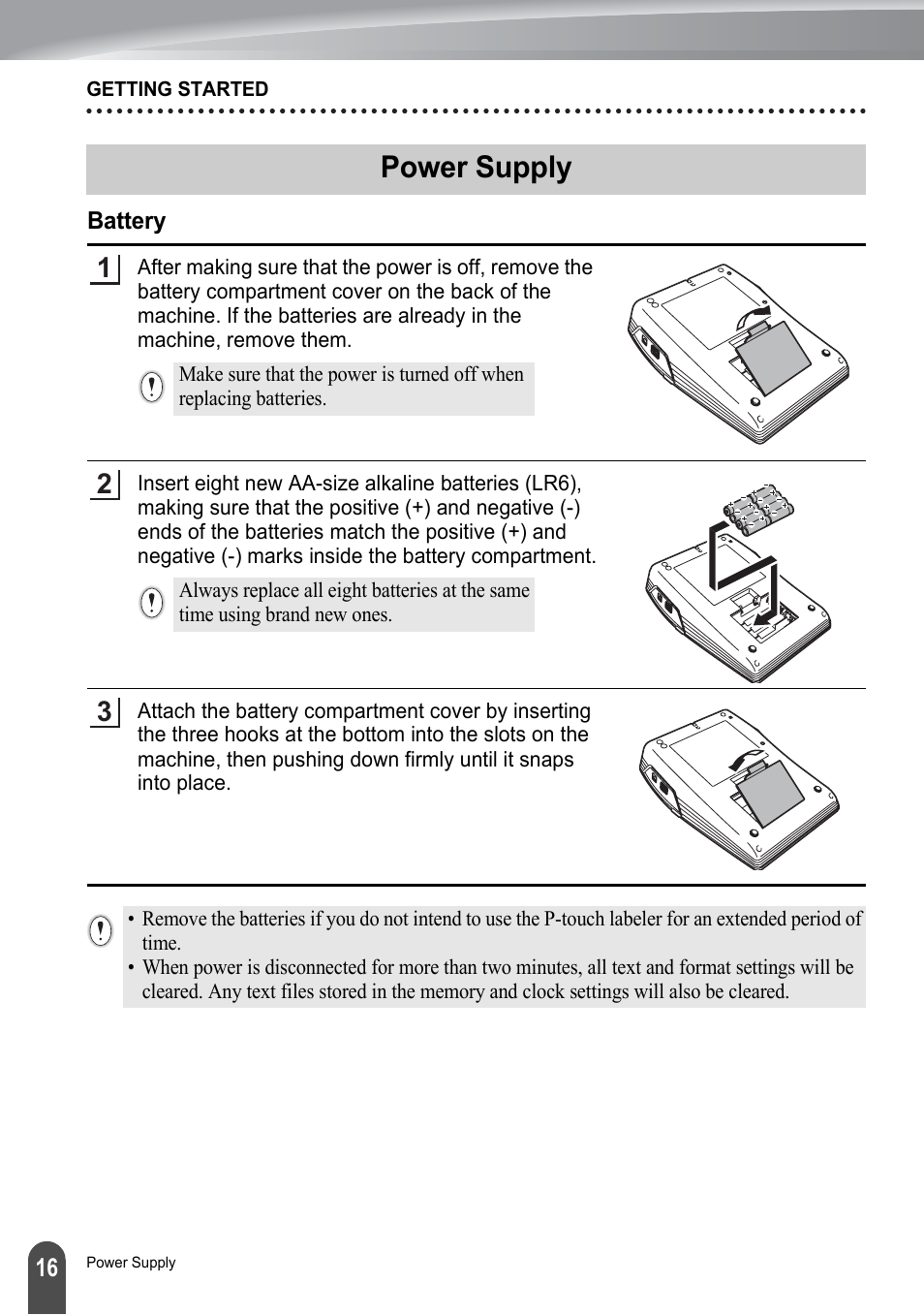 Power supply, Battery, P. 16 | Brother PT-2700 User Manual | Page 22 / 180