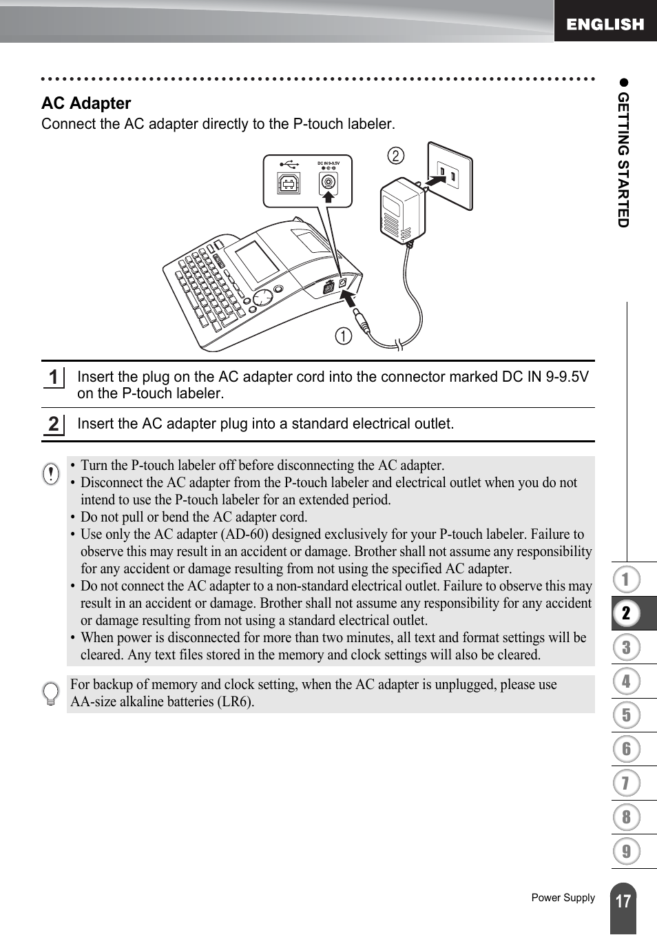 Ac adapter | Brother PT-2700 User Manual | Page 23 / 180