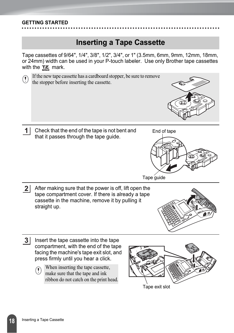 Inserting a tape cassette, P. 18 | Brother PT-2700 User Manual | Page 24 / 180