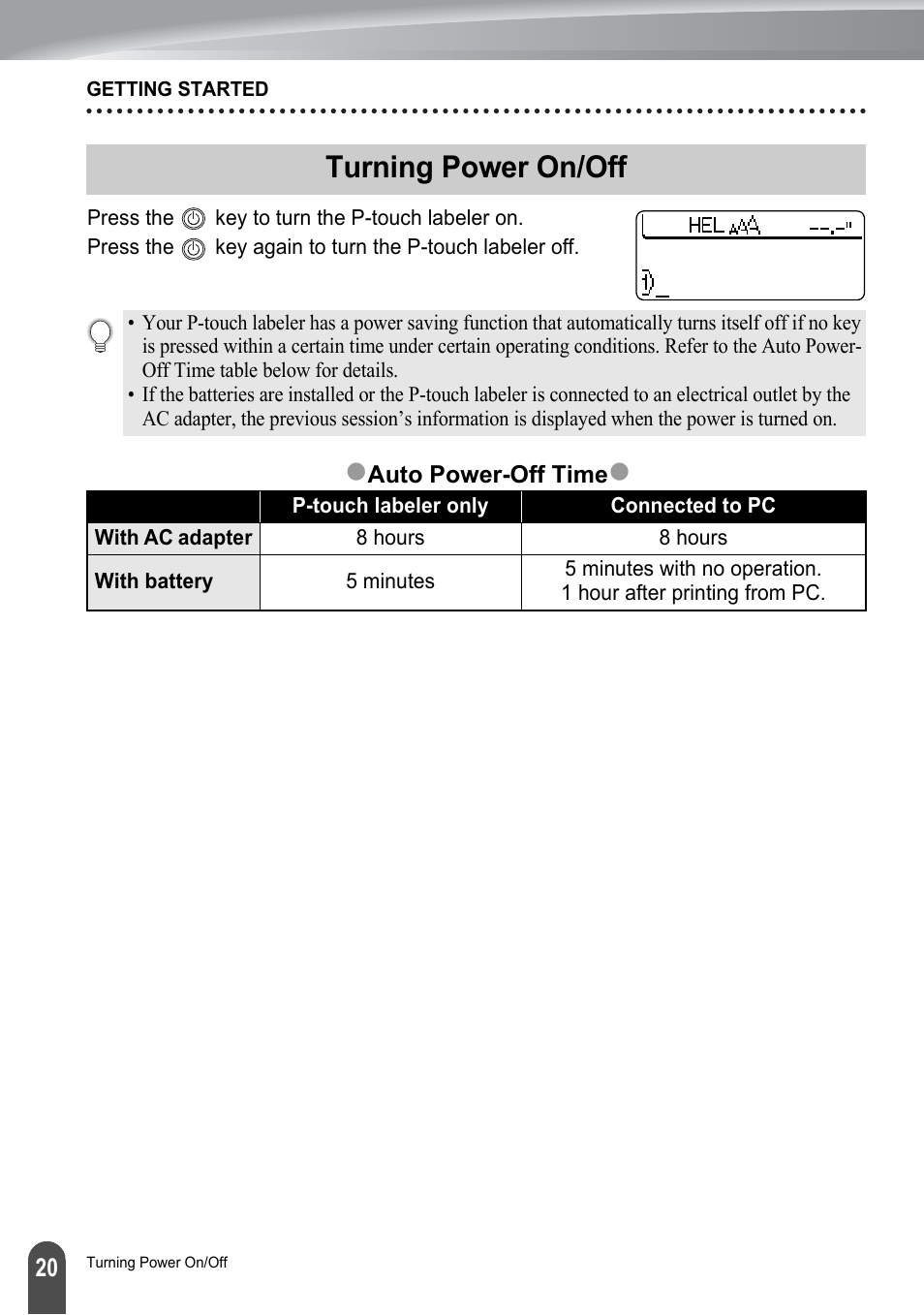 Turning power on/off, P. 20, Zturning power on/off | Brother PT-2700 User Manual | Page 26 / 180