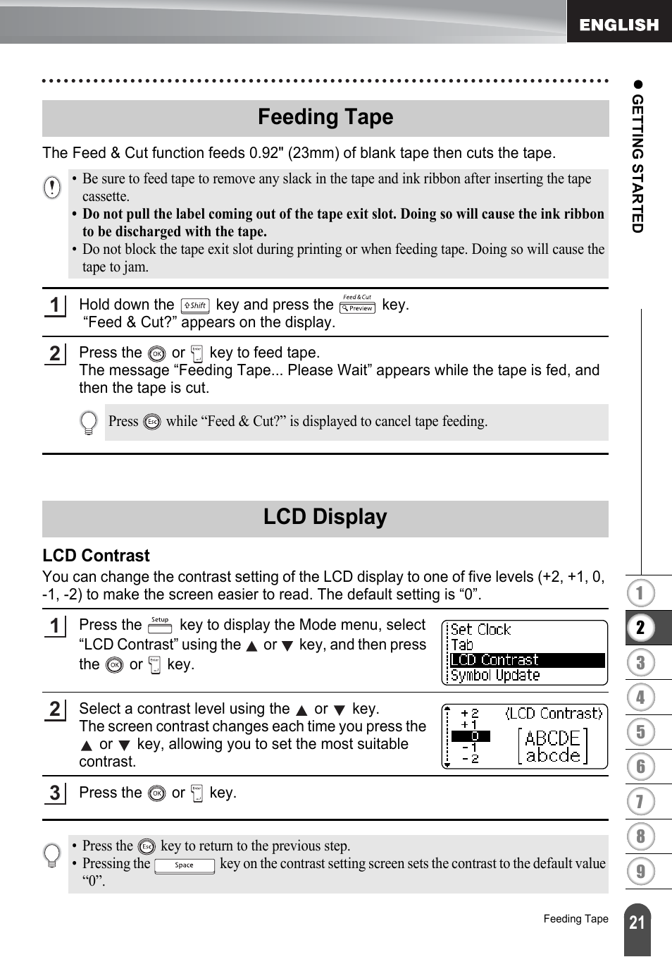 Feeding tape, Lcd display, Lcd contrast | Feeding tape lcd display | Brother PT-2700 User Manual | Page 27 / 180