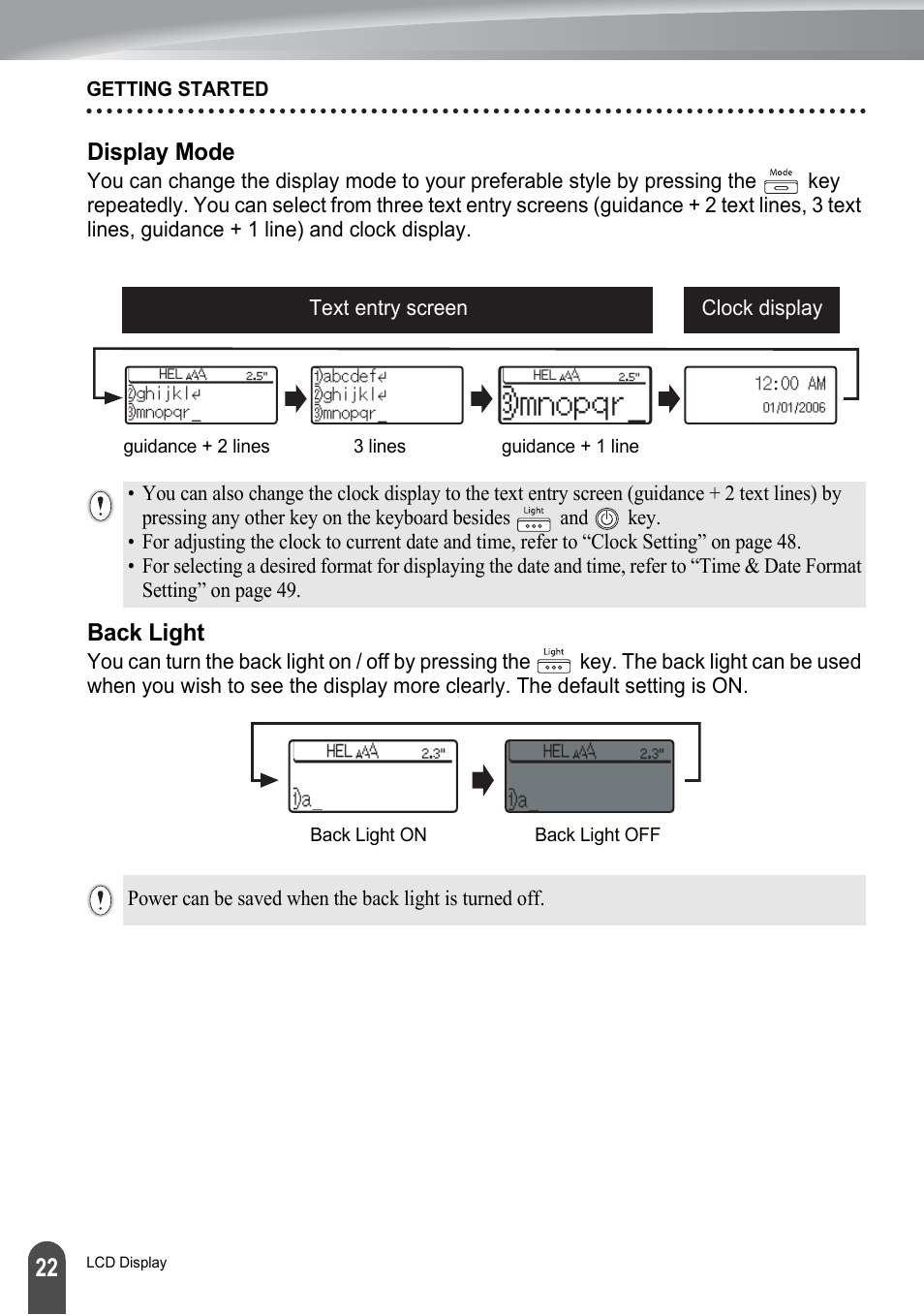 Display mode, Back light, Display mode back light | Brother PT-2700 User Manual | Page 28 / 180